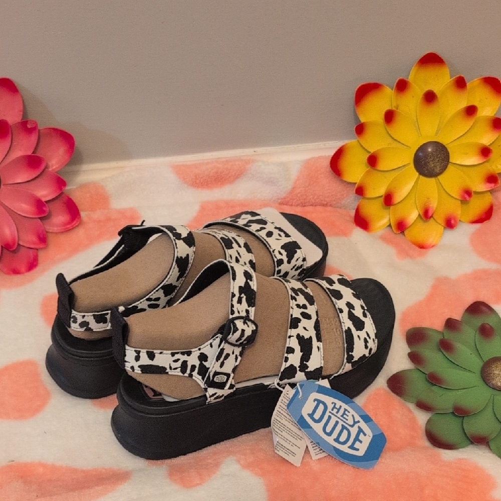 Hey Dude Black and White Cow Print Sandals Women